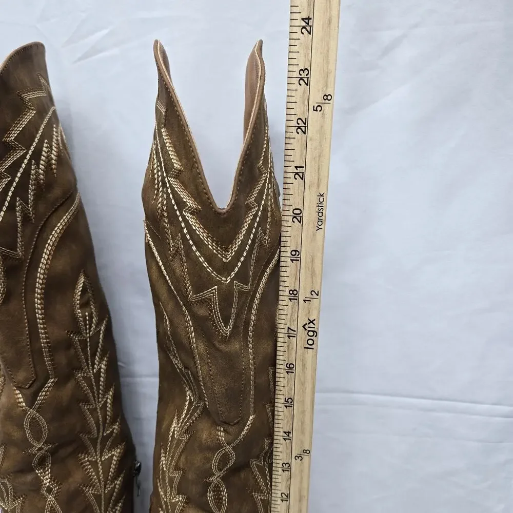 Brown Embroidered Thigh-High Over-the-Knee Cowboy Back Lace-Up Boots Size 6